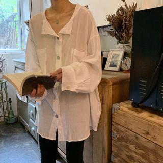 Pocket-front Long-sleeve Oversize Shirt White - One Size
