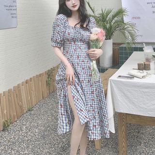 Short-sleeve Cherry Print Gingham Midi A-line Dress