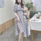 Short-sleeve Cherry Print Gingham Midi A-line Dress