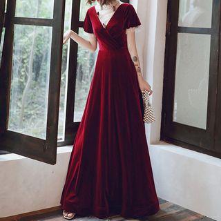 Mesh Panel Short-sleeve Velvet A-line Evening Gown