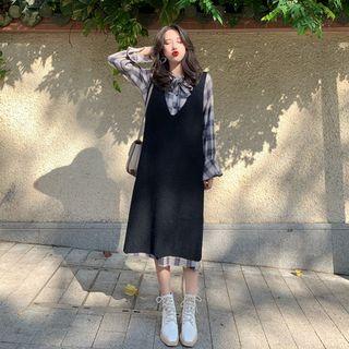 Long-sleeve Midi Plaid A-line Dress / Knit Pinafore Dress / Set