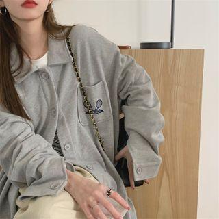 Racket Embroidered Collared Baseball Jacket Gray - One Size