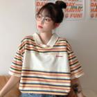 Elbow-sleeve Striped Lettering Collared T-shirt