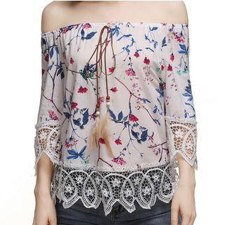 Floral Print Lace Hem Off Shoulder 3/4 Sleeve Top