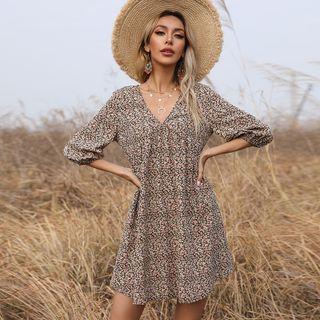 Elbow Sleeve V Neck Floral Print A-line Dress