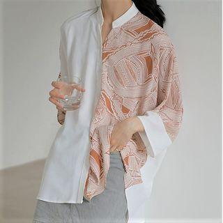 Printed 3/4-sleeve Mandarin Collar Shirt