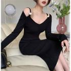 Cold-shoulder Knit Midi Bodycon Dress Black - One Size