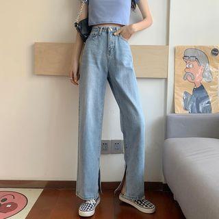 Washed Straight-fit Slit-hem Jeans