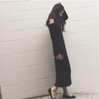 Long-sleeve Shoulder Cut Out Woolen Midi Dress
