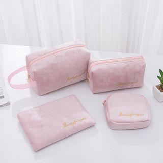 Set Of 5: Lettering Embroidered Flannel Makeup Bag (various Designs)