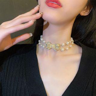 Bow Faux Pearl Choker White Faux Pearl - Gold - One Size