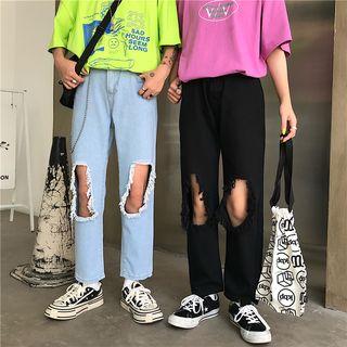 Couple Matching Distressed Cropped Straight-cut Jeans