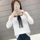 3/4-sleeve Lace Trim Collared Knit Top