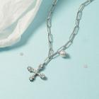 Faux Pearl Rhinestone Cross Pendant Necklace As Shown In Figure - One Size