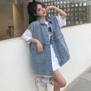 Short-sleeve Lettering T-shirt / Denim Vest
