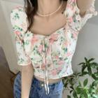 Short-sleeve Lace-up Floral Chiffon Blouse White - One Size