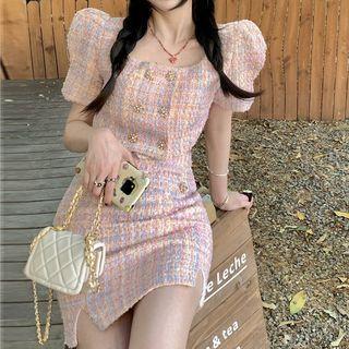 Set: Puff-sleeve Tweed Double-breasted Blouse + Pencil Skirt