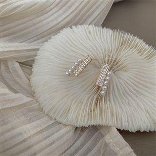 Rhinestone Faux Pearl Bar Earring Stud Earring - 1 Pair - S925 Silver Stud - Gold - One Size