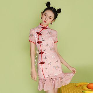 Short-sleeve Floral Print Ruffle Hem Mini Qipao