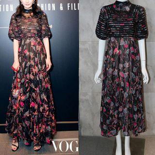 Elbow-sleeve Floral Long Dress