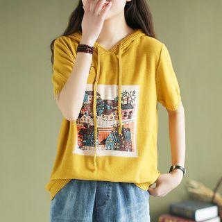 Short-sleeve Print Knit Hoodie