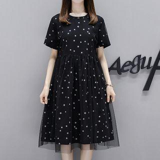 Set: Mesh Short Sleeve Midi Dress + Star Print Short Sleeve T-shirt Dress
