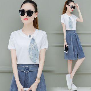 Set: Short-sleeve Tie-neck T-shirt + Denim Skirt