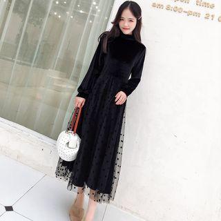 Long-sleeve Mock Neck Velvet Panel Midi Mesh Dress