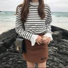 Long-sleeve Striped Pleated Panel T-shirt