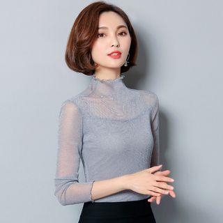 Long-sleeve Frilled Mock Collar Top
