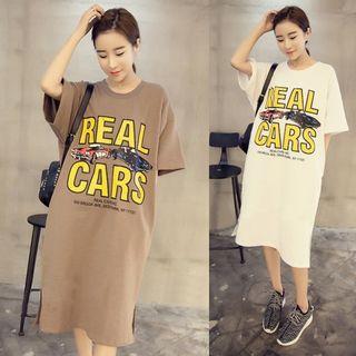 Car Print Elbow Sleeve T-shirt Dress