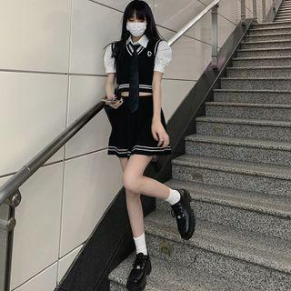 Puff-sleeve Crop Shirt / Sweater Vest / Mini A-line Skirt