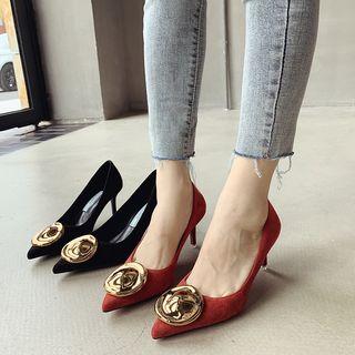 Pointy-toe Metal Disc Accent Kitten Heel Pumps