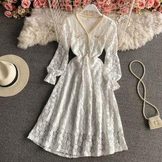 V Neck Lace Tie-waist Long Sleeve Dress