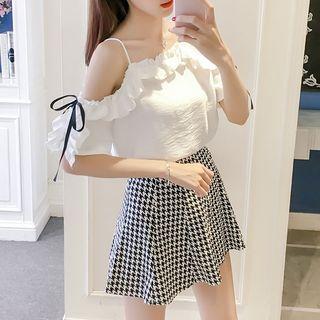 Set: Off-shoulder Ruffle Trim Short-sleeve Top + Houndstooth A-line Skirt