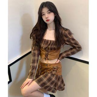 Plaid Lace Up Cropped Blouse / Mini A-line Skirt
