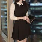 3/4-sleeve Mock Two-piece Collared Dress
