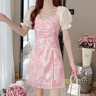 Puff-sleeve Print Slit Dress