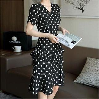 Frill-trim Polka-dot Wrap Dress