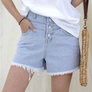 Fringe-hem Button-fly Denim Shorts