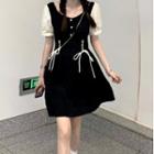 Short-sleeve Lace-up Mini A-line Dress Dress - Black - One Size