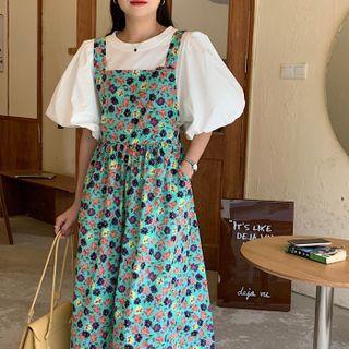 Puff-sleeve Plain T-shirt / Floral Midi Overall Dress