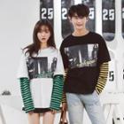 Couple Matching Mock Two Piece Printed Striped Panel Pullover
