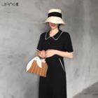 Short-sleeve Collar Midi A-line Dress Black - One Size