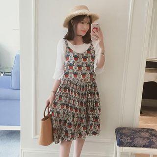 Set: 3/4 Sleeve Ribbed Chiffon Blouse + Patterned Spaghetti Strap Midi Chiffon Dress