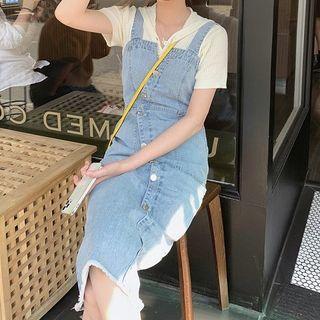 Short-sleeve Hooded Knit Top / Button-up Denim Midi Overall Dress