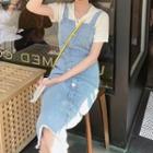 Short-sleeve Hooded Knit Top / Button-up Denim Midi Overall Dress