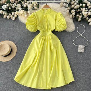 Puff-sleeve Stand-collar Plain A-line Dress