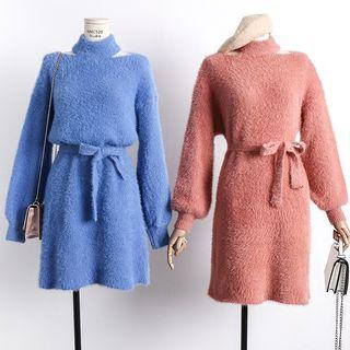 Cutout-shoulder Furry-knit Dress