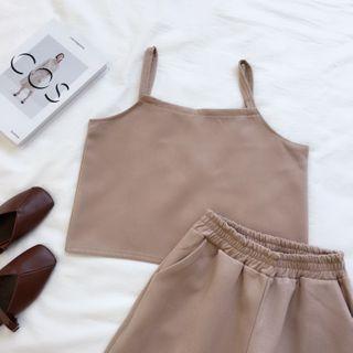 Set: Plain Camisole + Cropped Pants Dark Khaki - One Size